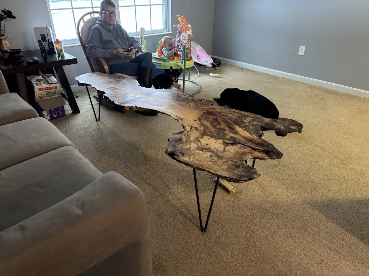 Live-edge coffee table on a CinStar-built steel base, made for Ohio Wood Connection