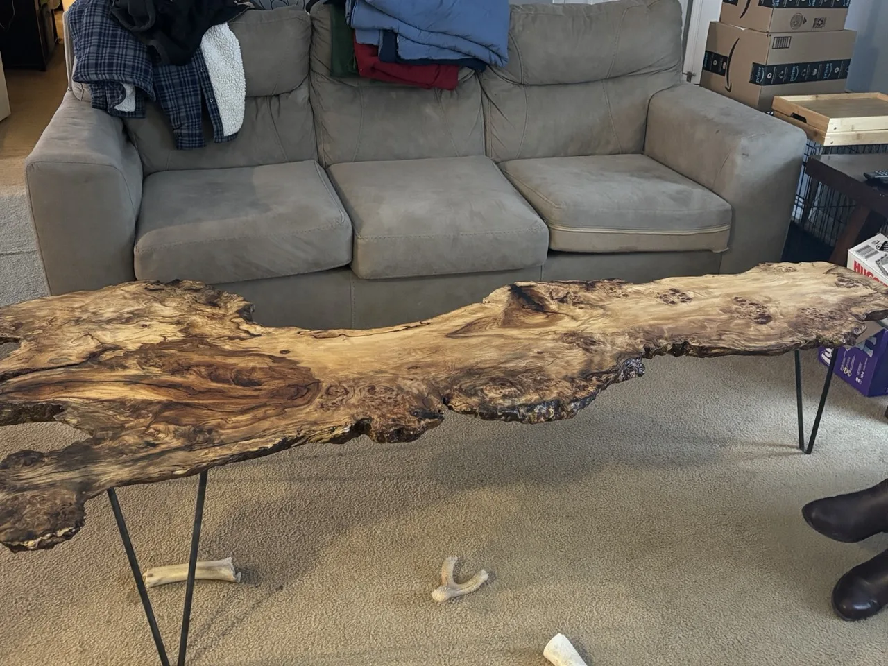 Finished live-edge coffee table top on CinStar steel legs for Ohio Wood Connection