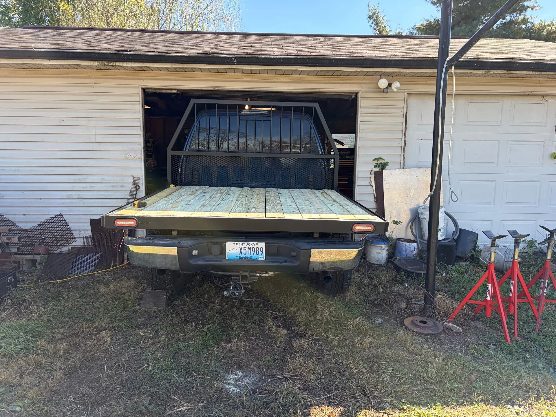 Finished flatbed with pressure-treated decking mounted on the truck, rear view, CinStar in Petersburg, Kentucky