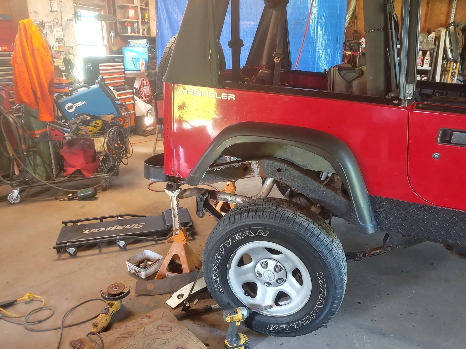 Jeep frame repair in the shop at CinStar in Petersburg, Kentucky