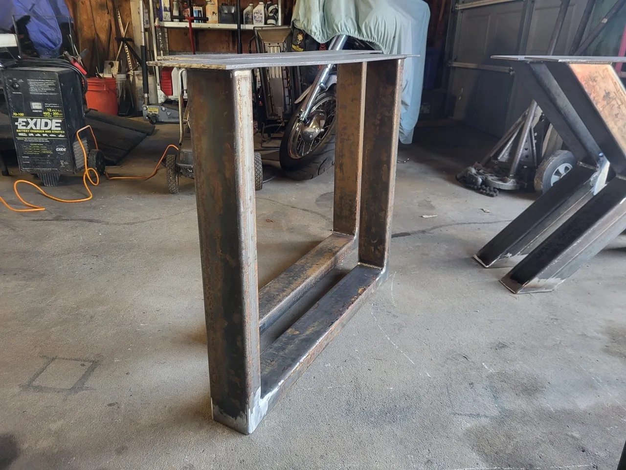 Steel table leg in the CinStar shop, built for Ohio Wood Connection