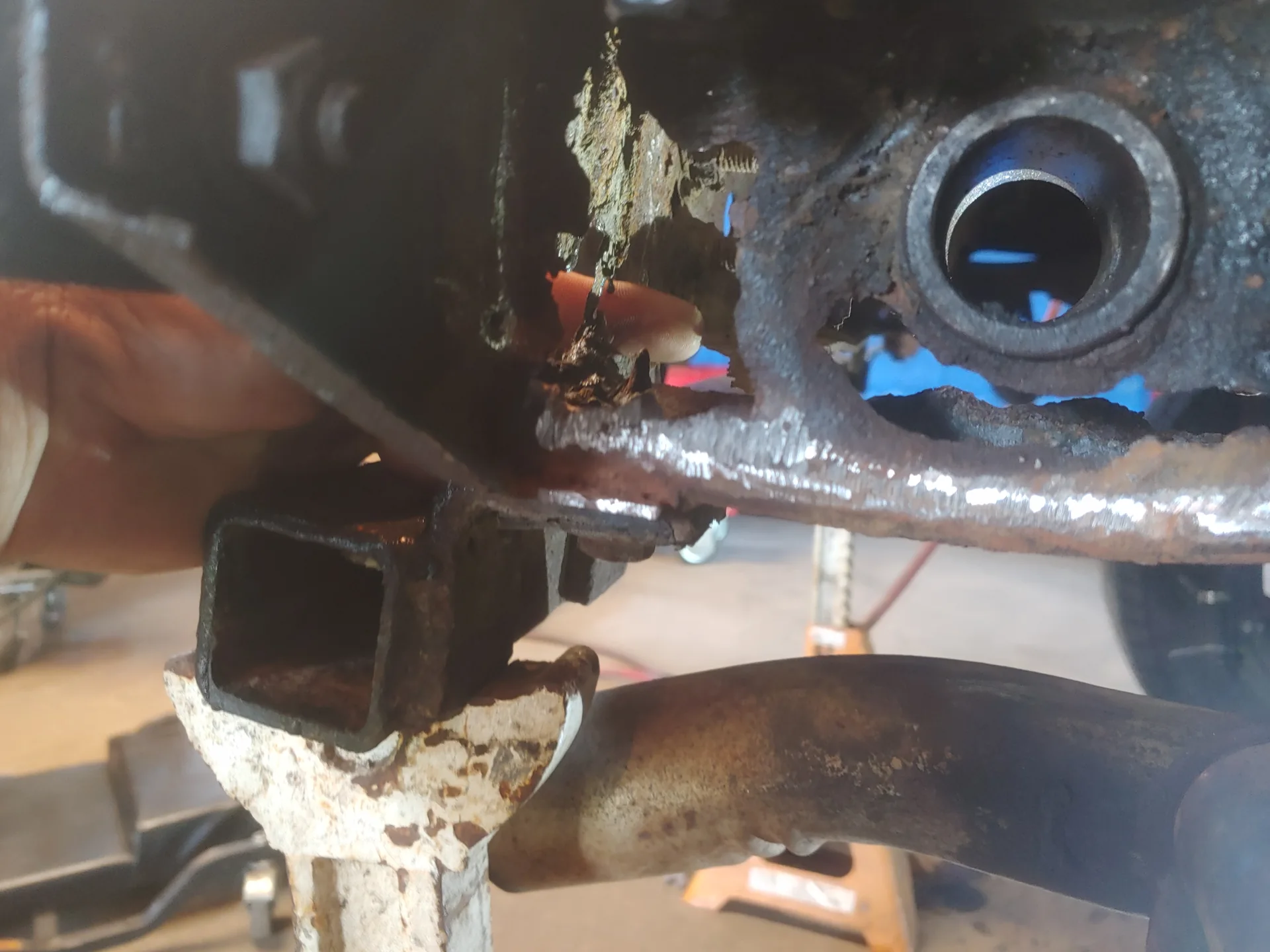 Jeep frame corrosion — close-up at CinStar in Petersburg, Kentucky