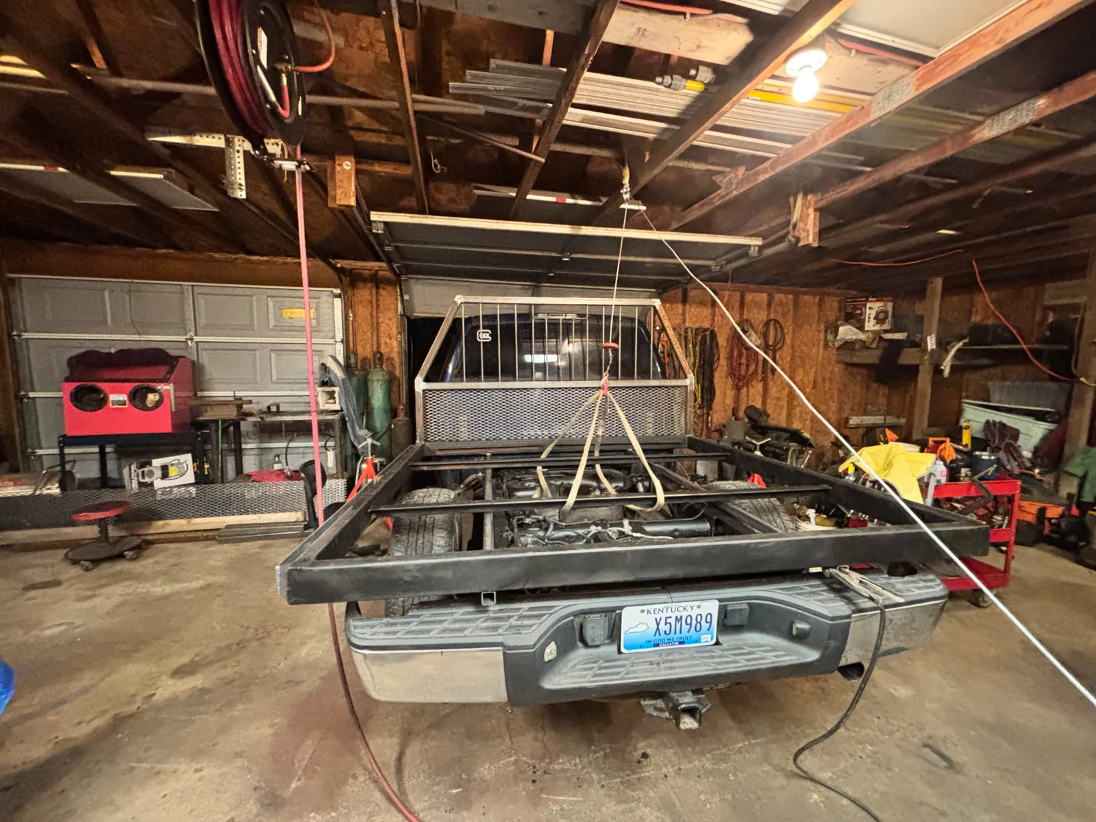 Flatbed frame test-fitted to the truck in the shop, CinStar in Petersburg, Kentucky