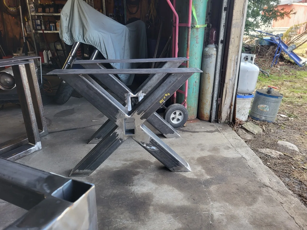 X-frame steel table base welded by CinStar for Ohio Wood Connection
