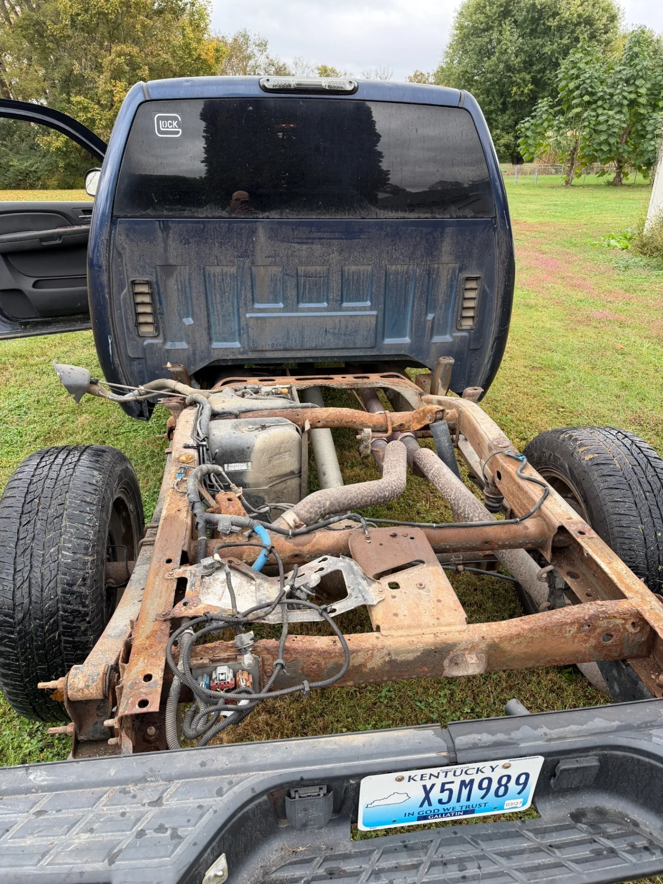 Bed off: rusted rear chassis before prep, CinStar in Petersburg, Kentucky