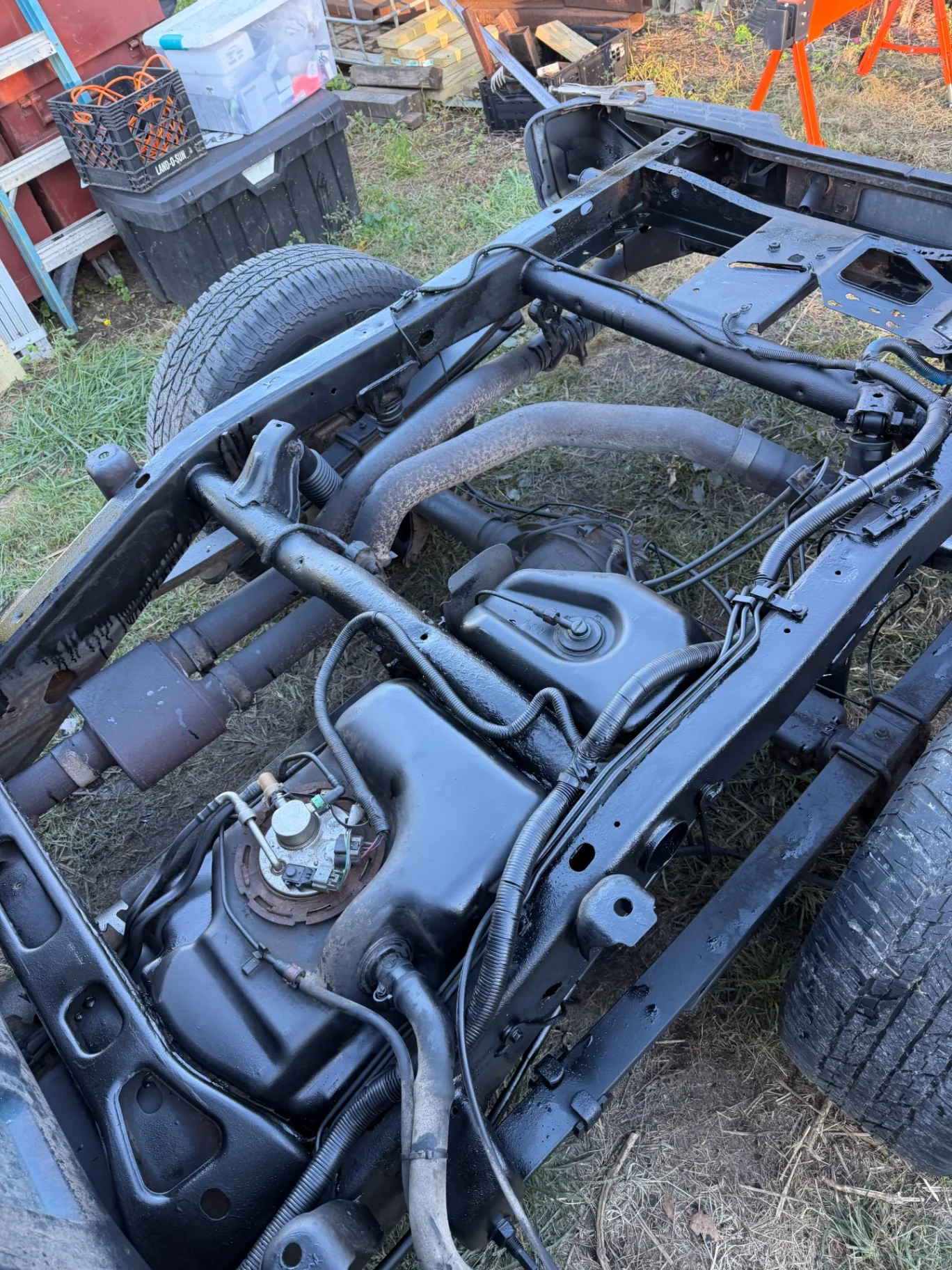 Coated rear frame, crossmembers and fuel tank area, CinStar in Petersburg, Kentucky