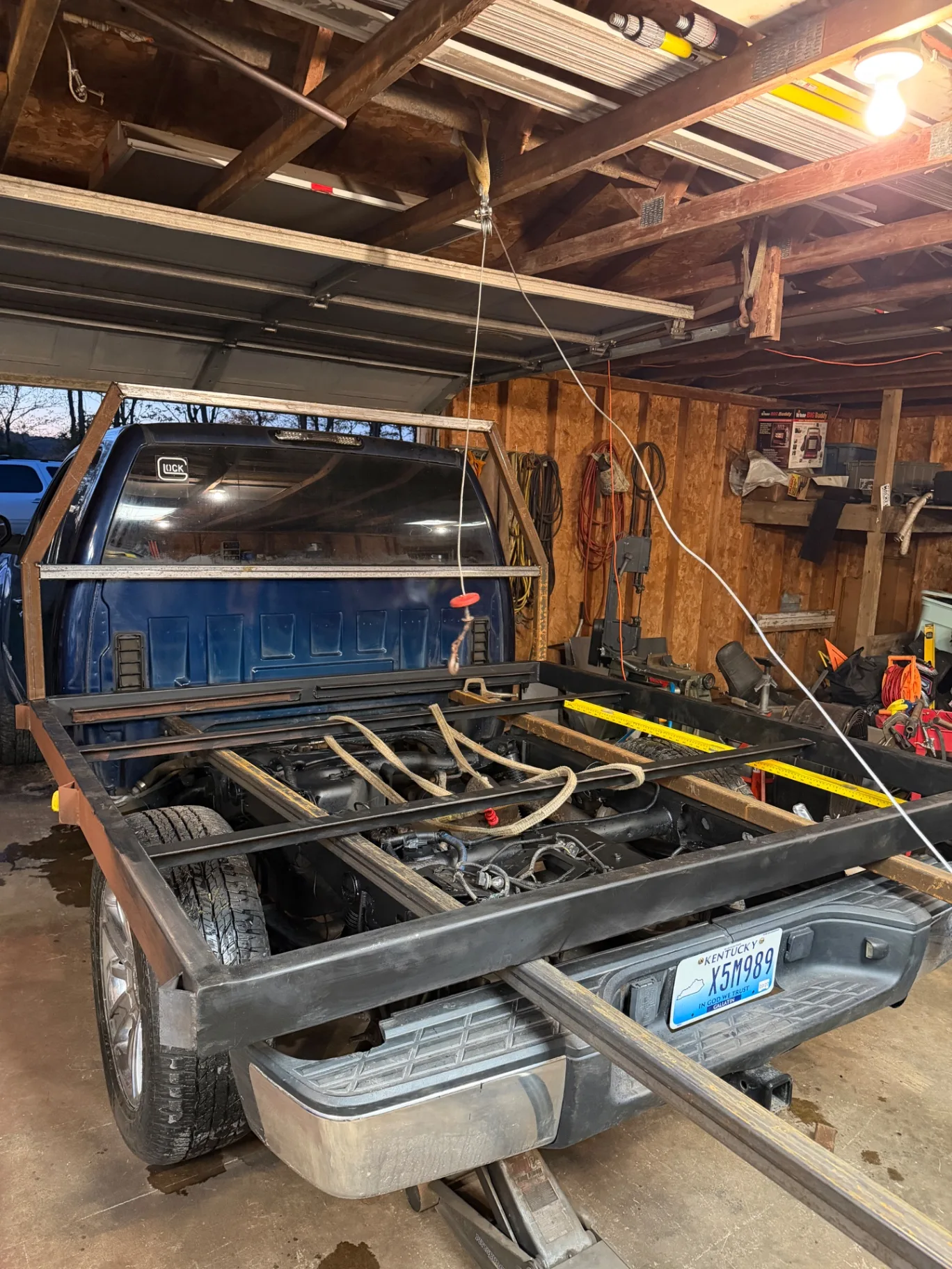 Custom steel flatbed and headache rack being fitted in the shop, CinStar in Petersburg, Kentucky